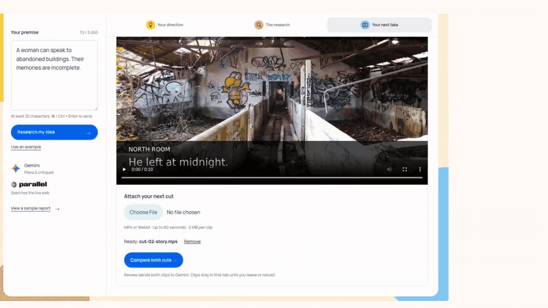 Yuvo compares two uploaded cuts, recognizes the added text and suggests showing the woman touching the wall.