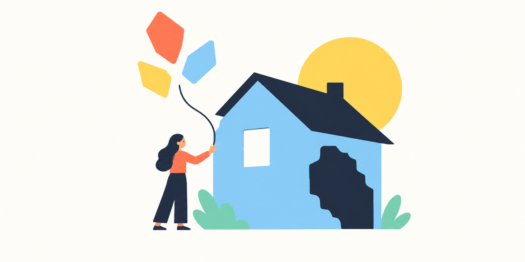 Illustration of a woman touching a damaged house as fragments of its memory float above her.