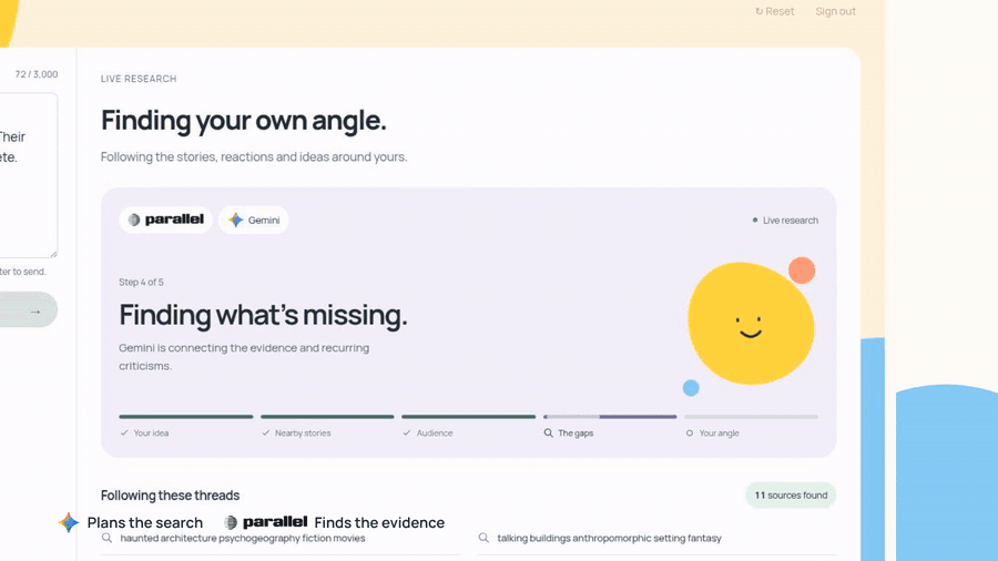 Yuvo researches the premise with Parallel, then shows 11 sources and a creative direction from Gemini.
